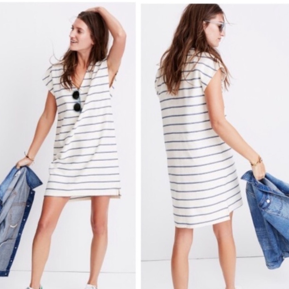 Madewell Blue Cream Striped Vacances Shift Dress Short Sleeve Casual Comfy